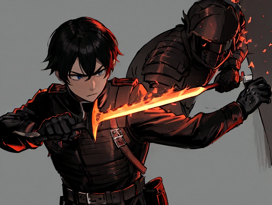 Soldier, with black armor, with a flaming machete sword, fighting with monsters