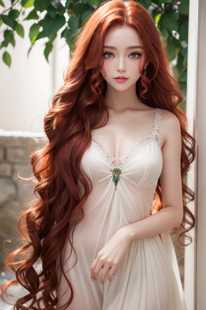 A beautiful girl with long red curly hair with green eyes like emerald and lips like rose skin as white as snow