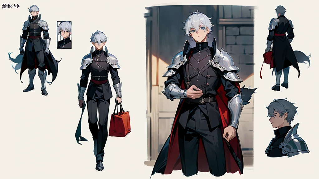 (a((work of art)),(((best qualityer))),(character design sheet,Same character,正面,boku,rug), Cute Boy Cheat Sheet ,whole body.s A wolf boy with blue eyes, gray hair, shorth hair, , dress in medieval style, carrying a bag while walking.
maroon, wearing a black shirt, slightly unbuttoned. Black pants Black knight armor on forearm Dressed in a combination of Aswin's armor, the Dragon Slayer, and holding a long sword. Large black steel cabin shoes, Dungeons And Dragons Black Dragonborn Cabelo loiro Olhos roxos teampunk medieval
