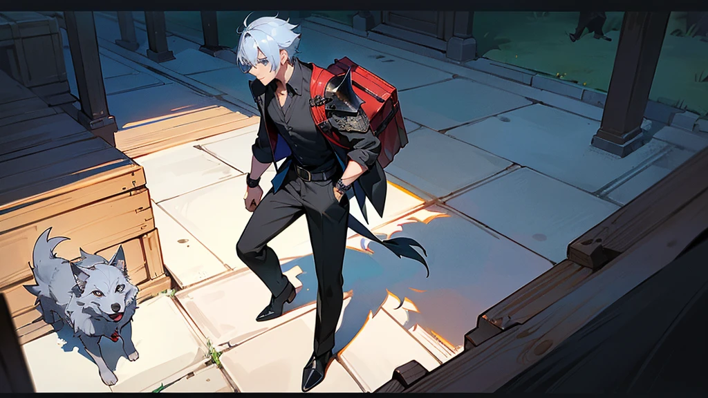 (a((work of art)),(((best qualityer))),(character design sheet,Same character,正面,boku,rug), Cute Boy Cheat Sheet ,whole body.s A wolf boy with blue eyes, gray hair, shorth hair, , dress in medieval style, carrying a bag while walking.
maroon, wearing a black shirt, slightly unbuttoned. Black pants Black knight armor on forearm Dressed in a combination of Aswin&#39;s armor, the Dragon Slayer, and holding a long sword. Large black steel cabin shoes, Dungeons And Dragons Black Dragonborn Cabelo loiro Olhos roxos teampunk medieval 