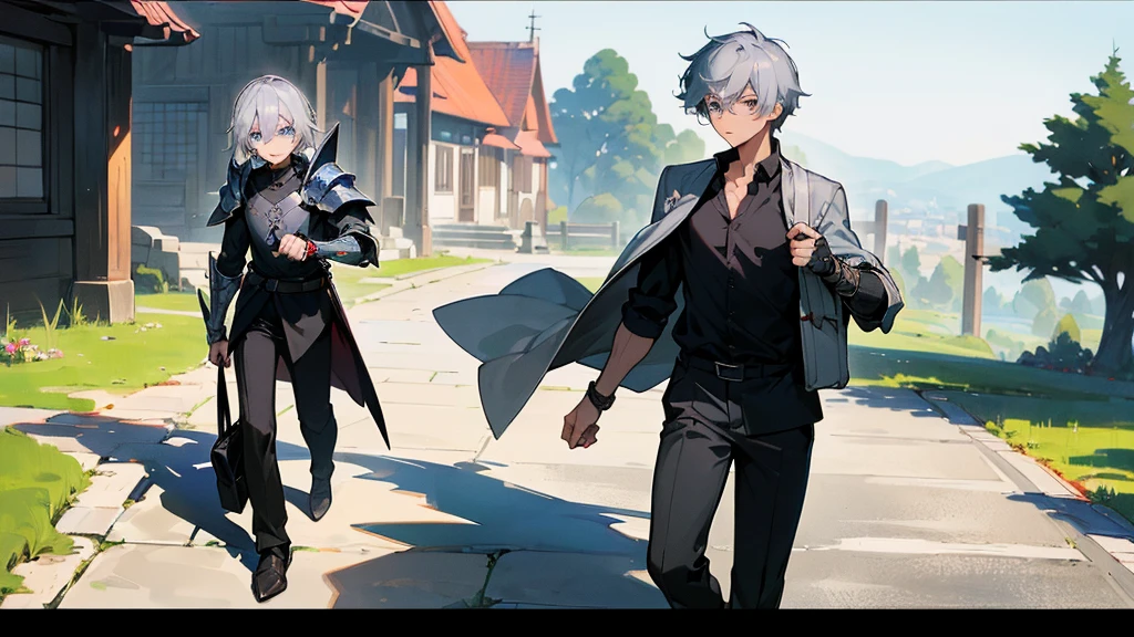(a((work of art)),(((best qualityer))),(character design sheet,Same character,正面,boku,rug), Cute Boy Cheat Sheet ,whole body.s A wolf boy with blue eyes, gray hair, shorth hair, , dress in medieval style, carrying a bag while walking.
maroon, wearing a black shirt, slightly unbuttoned. Black pants Black knight armor on forearm Dressed in a combination of Aswin's armor, the Dragon Slayer, and holding a long sword. Large black steel cabin shoes, Dungeons And Dragons Black Dragonborn Cabelo loiro Olhos roxos teampunk medieval