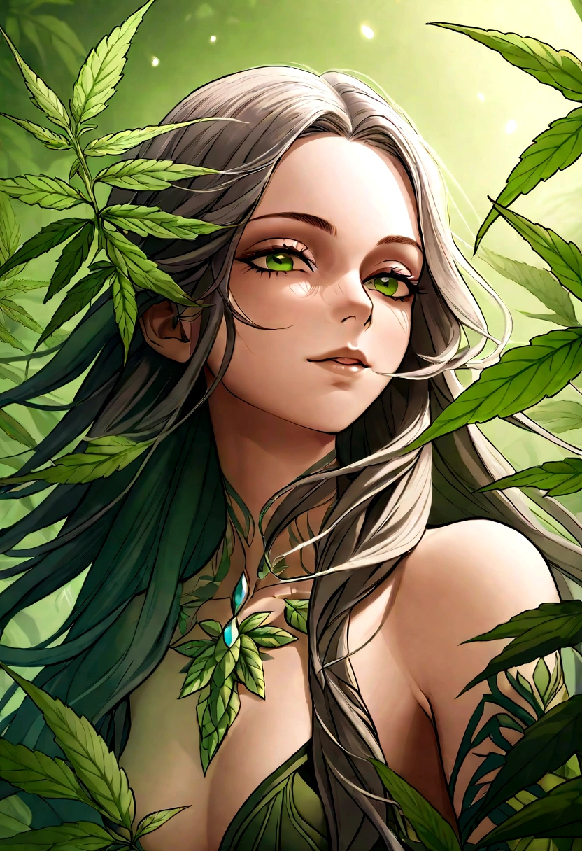 a nomadic mystic man, dominance of cannabis, medium cannabis, reincarnation of leaves, male, cute, happy, (best quality,4k,8k,highres,masterpiece:1.2),ultra-detailed,(realistic,photorealistic,photo-realistic:1.37),detailed eyes,detailed lips,extremely detailed face,long eyelashes,intricate tattoos,flowing hair,cannabis leaves,smoke,glowing aura,vibrant colors,warm lighting,natural environment,organic textures,fantasy art style