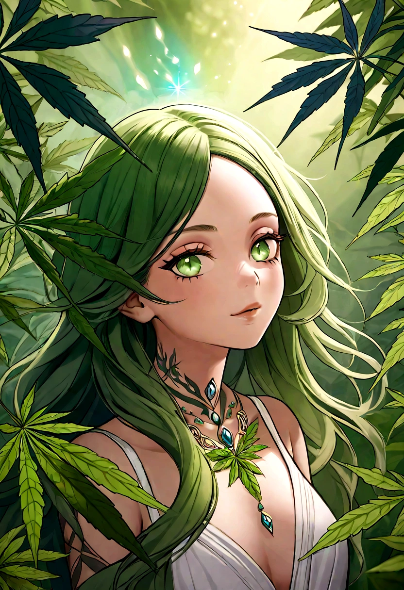 a nomadic mystic man, dominance of cannabis, medium cannabis, reincarnation of leaves, male, cute, happy, (best quality,4k,8k,highres,masterpiece:1.2),ultra-detailed,(realistic,photorealistic,photo-realistic:1.37),detailed eyes,detailed lips,extremely detailed face,long eyelashes,intricate tattoos,flowing hair,cannabis leaves,smoke,glowing aura,vibrant colors,warm lighting,natural environment,organic textures,fantasy art style