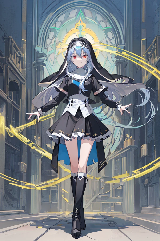 [(cathedral background:1.4)::5],Original,(Illustration:1.1),(Best Quality),(masutepiece:1.1),(the Extremely Detailed CG Unity 8K Wallpapers:1.1), (Colorful:0.9),(mid-shot:0.95),(Full body:1.5),Dynamic Angle,(Solo:1.2), (girl),(((Adult))), (Detailed beautiful eyes:1.15), (Beautiful face:1.15), (Glowing black eyes:1.25////),(Blue Long Hair),(nun headdress),(+perfect hand+:1.21),(Draw an illustration of a Holy Knight Wizard),(Religious),(slender),(she has boots on her feet),((I'm wearing black knee-high socks)),Smile,(Ruffled  with metal embellishments),beautiful slender adult,((theater background)),