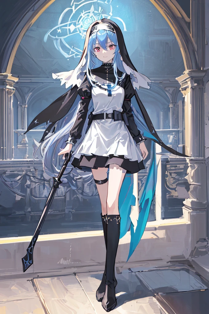 [(cathedral background:1.4)::5],Original,(Illustration:1.1),(Best Quality),(masutepiece:1.1),(the Extremely Detailed CG Unity 8K Wallpapers:1.1), (Colorful:0.9),(mid-shot:0.95),(Full body:1.5),Dynamic Angle,(Solo:1.2), (girl),(((Adult))), (Detailed beautiful eyes:1.15), (Beautiful face:1.15), (Glowing black eyes:1.25////),(Blue Long Hair),(nun headdress),(+perfect hand+:1.21),(Draw an illustration of a Holy Knight Wizard),(Religious),(slender),(she has boots on her feet),((I'm wearing black knee-high socks)),Smile,(Ruffled miniskirt with metal embellishments),beautiful slender adult,((theater background)),