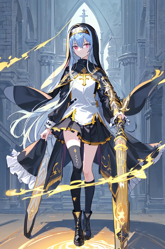 [(cathedral background:1.4)::5],Original,(Illustration:1.1),(Best Quality),(masutepiece:1.1),(the Extremely Detailed CG Unity 8K Wallpapers:1.1), (Colorful:0.9),(mid-shot:0.95),(Full body:1.5),Dynamic Angle,(Solo:1.2), (girl),(((Adult))), (Detailed beautiful eyes:1.15), (Beautiful face:1.15), (Glowing black eyes:1.25////),(Blue Long Hair),(nun headdress),(+perfect hand+:1.21),(Draw an illustration of a Holy Knight Wizard),(Religious),(slender),(she has boots on her feet),((I'm wearing black knee-high socks)),Smile,(Ruffled miniskirt with metal embellishments),beautiful slender adult,((theater background)),