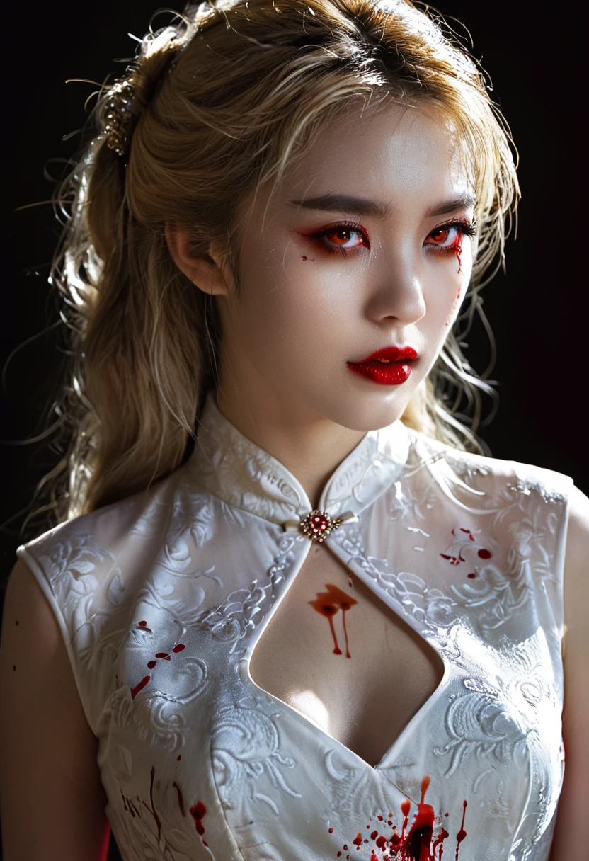 a beautiful female vampire wearing a ((blood stained white Cheongsam: 1.5), an extremely beautiful female vampire, ultra detailed face, blond hair, long hair, wavy hair, dark glamour make up, pale skin, red lips, (glowing red eyes: 1.2), visible (vampiric fangs: 1.2), she wears a ((blood stained white Cheongsam: 1.5)), elegant, intricate detailed Cheongsam, silk Cheongsam, small cleavage, ((Cheongsam is decorated with gems: 1.3)), she wears elegant knee high heeled boots, exquisite knee high heeled boots, there are stains of blood on the upper part of the dress, dynamic background, best details, best quality, highres, ultra wide angle, 16k, [ultra detailed], masterpiece, best quality, (extremely detailed), full body, ultra wide shot, photorealistic, fantasy art, dnd art, rpg art, realistic art, dark novel, Dark Art Painting Style