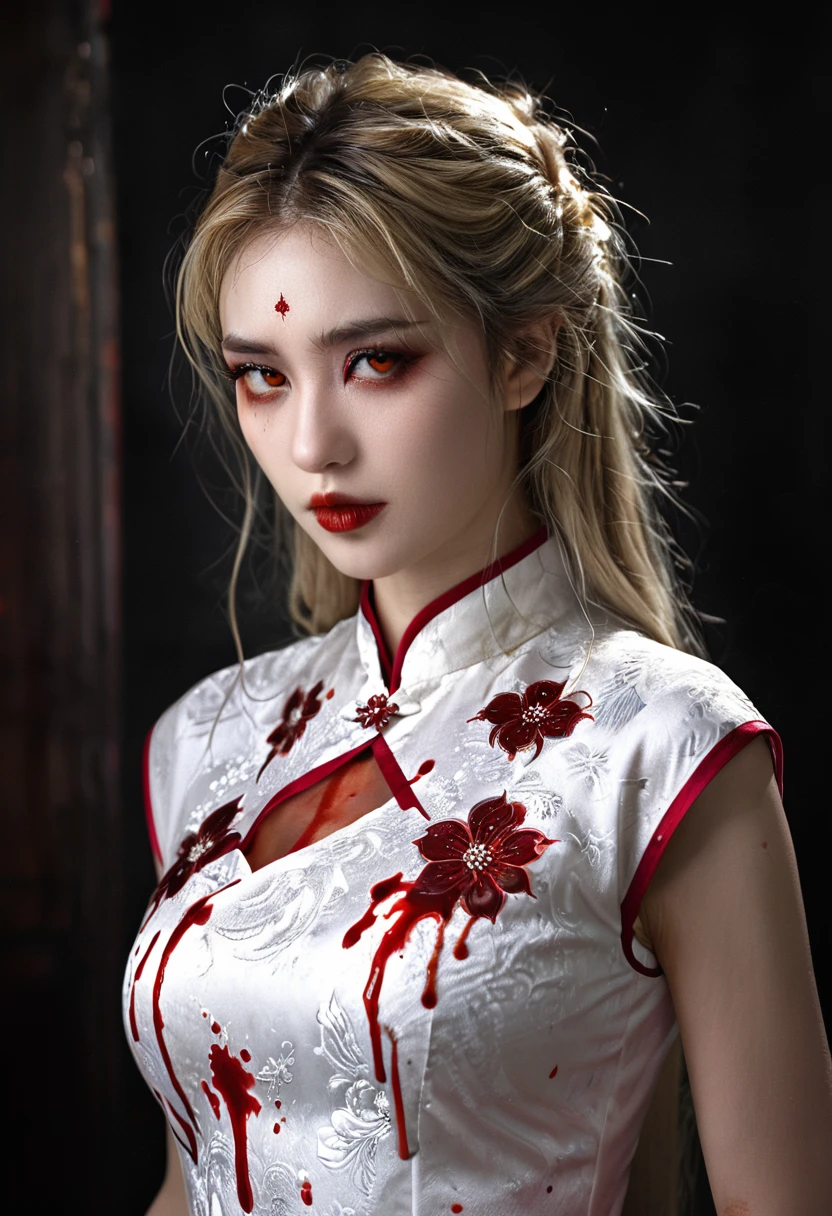 a beautiful female vampire wearing a ((blood stained white Cheongsam: 1.5), an extremely beautiful female vampire, ultra detailed face, blond hair, long hair, wavy hair, dark glamour make up, pale skin, red lips, (glowing red eyes: 1.2), visible (vampiric fangs: 1.2), she wears a ((blood stained white Cheongsam: 1.5)), elegant, intricate detailed Cheongsam, silk Cheongsam, small cleavage, ((Cheongsam is decorated with gems: 1.3)), she wears elegant knee high heeled boots, exquisite knee high heeled boots, there are stains of blood on the upper part of the dress, dynamic background, best details, best quality, highres, ultra wide angle, 16k, [ultra detailed], masterpiece, best quality, (extremely detailed), full body, ultra wide shot, photorealistic, fantasy art, dnd art, rpg art, realistic art, dark novel, Dark Art Painting Style