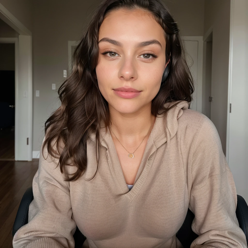 arafed beautiful 22 y.o Beautiful brunette, innocent face, natural wavy hair, following characteristics resembling Morgan Avery: Birthplace: Georgia, United States - Nationality: American - Ethnicity: Caucasian - Profession: Supermodel - Hair color: brunette - Eye color: Brown - Height: 172 cm (or 5'8") - Weight: 56 kg (or 123 lbody type: Slim - Measurements: 34-25-34 - Real/Natural, photorealistic, best quality, hyper detailed, beautiful woman, camera photo, upper body, solo, wearing pullover, indoors, (night), room, real life nature, headset, (cheerful, happy), gaming chair, spider dress, flashlight, analog style, looking at viewer, skin texture, film grain, close up, ultra high res, best shadow, RAW, instagram LUT