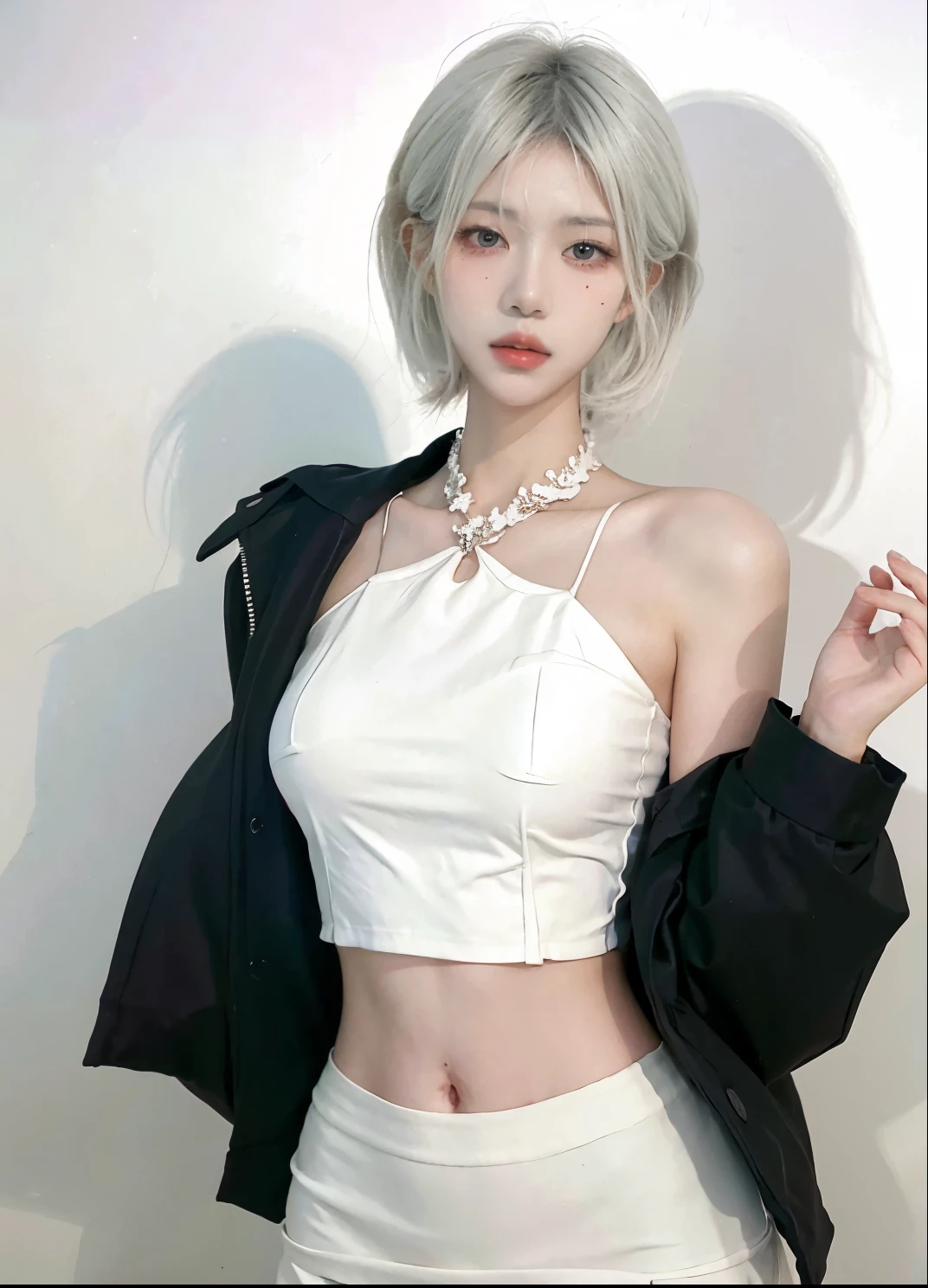 Beautiful woman with perfect figure:1.4,Ultra-high resolution,White background,(Realism:1.4),Layered hairstyle,White skin,JK:1.5,Super short pleated skirt,whole body:1.4,Very delicate and skin texture,Double eyelids,Skin Whitening,short hair,White hair