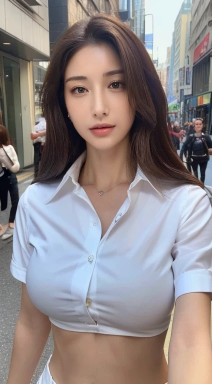 ((Highest quality, 8K, masterpiece :1.3)), Sharp focus :1.2, Beautiful woman with perfect figure :1.4, Slim Abs :1.2, ((Dark brown hair, Big Breasts :1.2)), (White button-up long shirt :1.1), City Street:1.2, Highly detailed face and skin texture, Fine grain, double eyelid NSFW