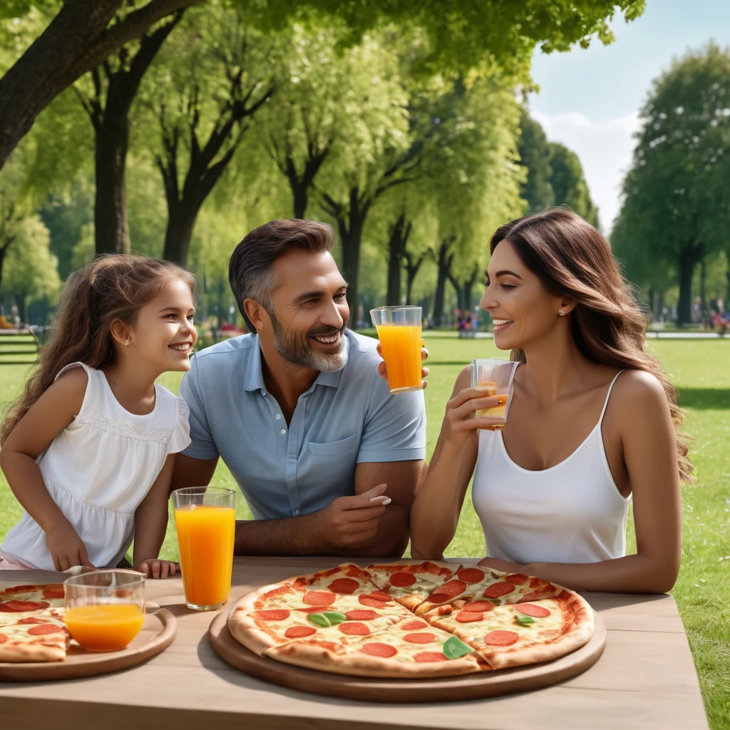 Man with his wife and daughter in a park eating pizza and drinking juice . High quality photo realistic .8k,, detailed, realistic, 8k uhd, high quality