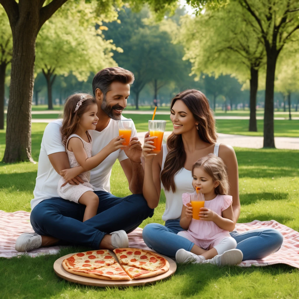 Man with his wife and daughter in a park eating pizza and drinking juice . High quality photo realistic .8k,, detailed, realistic, 8k uhd, high quality