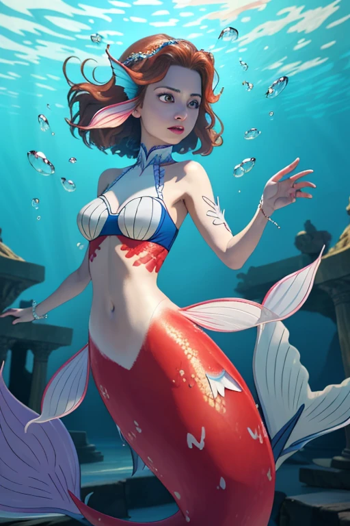 a detailed photo-realistic rendering of a beautiful young mermaid with short brown hair and blue eyes, her expression is shocked, 1 girl, underwater scene with gyarados tail, medium breasts, groin outline, cameltoe, (best quality,4k,8k,highres,masterpiece:1.2),ultra-detailed,(realistic,photorealistic,photo-realistic:1.37),HDR,UHD,studio lighting,ultra-fine painting,sharp focus,physically-based rendering,extreme detail description,professional,vivid colors,bokeh