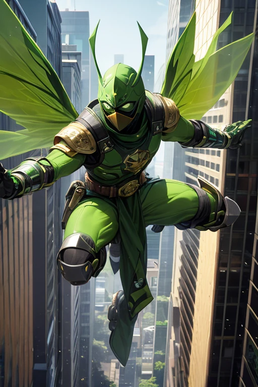 ((best quality)), ((masterpiece)), (detailed), 1 male, full body, 25 years old, masked, lemon green mask covering his entire head, smooth head, mask covering his mouth, 1 small crest on his head, oxygen mask, angry expression, black collar, tall and strong, very athletic, green fly wings, grey details, green fingerless gloves, green wrist guards, lemon green nanotech suit resembling light armor, lemon green chest with an emblem, orange fly emblem on his chest, fly, green pants, green knee pads, metallic green boots, orange superhero belt, flying around a building, city background, anime
