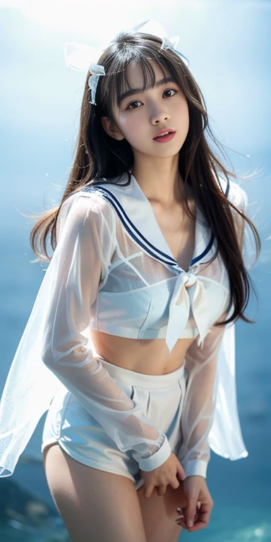 Ulzzang -6500-v1.1, (raw image:1.2), (Virtual image), Beautiful girl with details, ดวงตาและใบหน้าที่very detailed, Beautifully detailed eyes, large file size, high resolution, very detailed, Highest quality, [Masterpiece:1.6], Enlightenment, very detailed, exquisite details, Highest quality, 8k wallpaper, movie light, (:1.3),white seraph,sailor suit, white theme,, sailor suit, look at viewer,  Crazy, long messy hair, cute drooping eyes、I shine,Dramatic angle,blue sailor collar,  ,Light Smile, Ultra-realistic skin texture、Oily skin、 thighs!!! Some underwater pictures...
