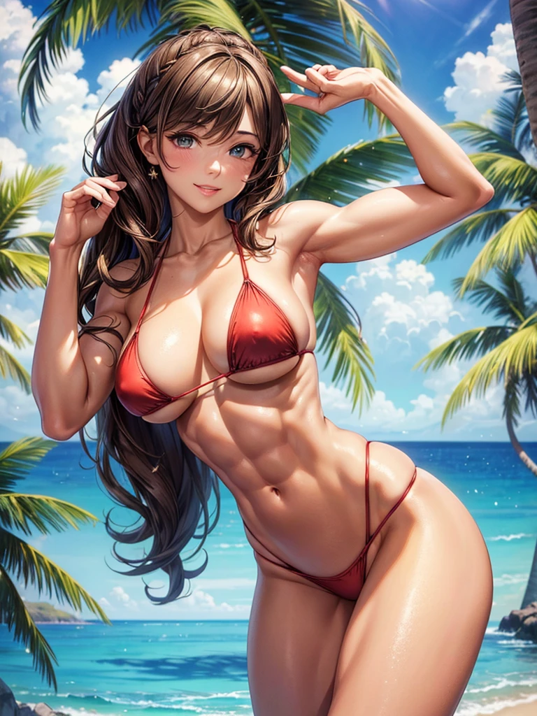 ,(best quality, ultra-detailed, realistic:1.37, masterpiece:1.2), woman, beautiful detailed eyes, beautiful detailed lips, brown hair tied up, smile,micro bikini, (muscular body:1.1),slim figure, caustics, textile shading, toned body, clean abs, palm trees swaying, 