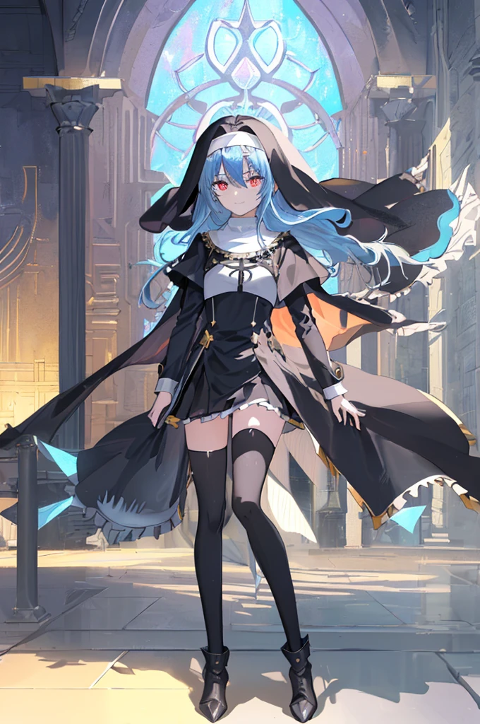 [(cathedral background:1.4)::5],Original,(Illustration:1.1),(Best Quality),(masutepiece:1.1),(the Extremely Detailed CG Unity 8K Wallpapers:1.1), (Colorful:0.9),(mid-shot:0.95),(Full body:1.5),Dynamic Angle,(Solo:1.2), (girl),(((Adult))), (Detailed beautiful eyes:1.15), (Beautiful face:1.15), (Glowing black eyes:1.25////),(Blue Long Hair),(nun headdress),(+perfect hand+:1.21),(Draw an illustration of a Holy Knight Wizard),(Religious),(slender),(she has boots on her feet),((I'm wearing black knee-high socks)),Smile,(Ruffled miniskirt with metal embellishments),beautiful slender adult,((theater background)),