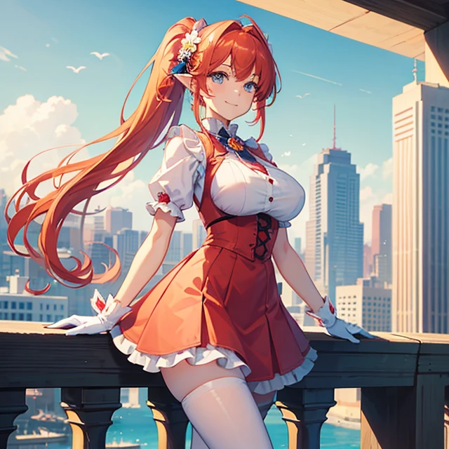 (masterpiece, best quality, detailed), 1girl, solo, looking at viewer, 
ElfGirl, reddish orange hair, left hair pigtail tied with two flowers, light blue eyes, pink unifrom, lightblue flower at side of hair, white gloves, pink pantyhose, huge breasts, outdoors, rooftop, day, cityscape, blue sky, cloud, scenery, railing, arms onward, smile, closed mouth