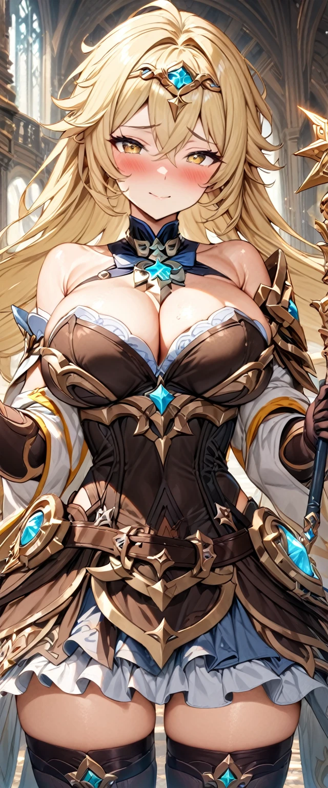 (masterpiece), best quality, expressive eyes, perfect face,1boy,aether,genshin impact,fantasy library,(star magic wand),holding,shy smile,blush,cowboy shot
,breast expansion,big breasts,cleavage,long hair,blonde hair,strapless,bare shoulder,magical girl,crystal circlet,amulet,(white frilled dress:1.4),brown frilled layered skirt,thighhigh stockings