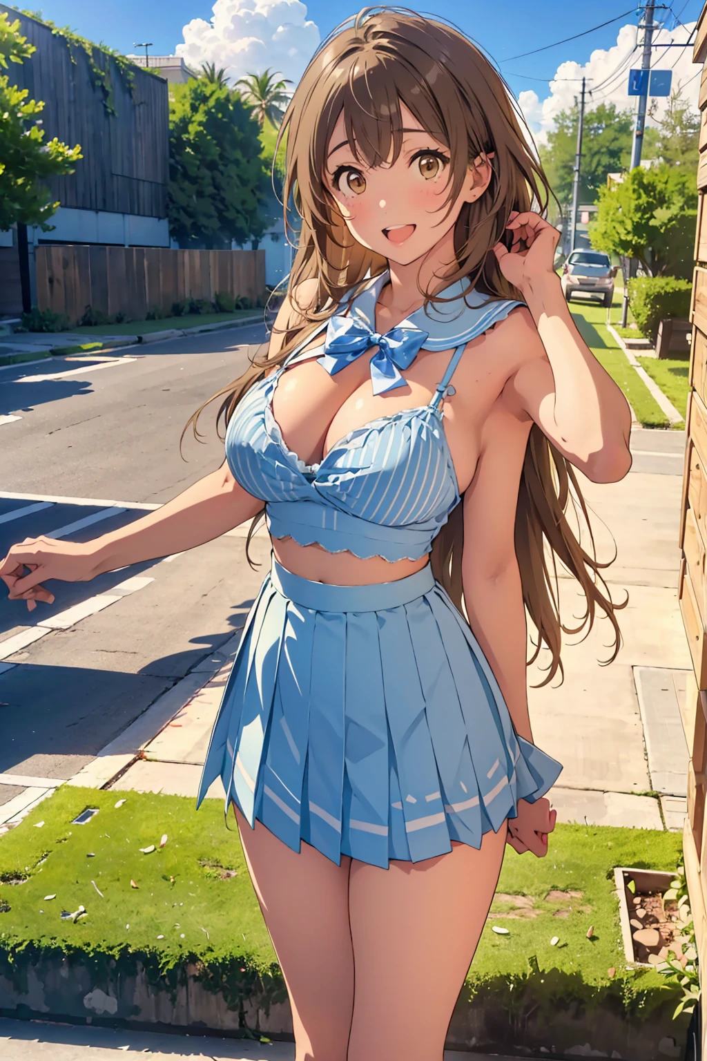 Minami Kotori、Minami Kotori、Brown hair、(Brown Eye Degree:1.5)、One side up、Hair Ribbon、bow ribbon、long、Break the blazer、a blue skirt、jaket、Otonokizaka Uniform、pleatedskirt、student clothes、Winter clothes、Looking for a break viewer、BREAK (​masterpiece:1.2)、top-quality、hight resolution、unity 8k wall paper、(illustratio:0.8)、(beatiful detailed eyes:1.6)、extra detailed face、Perfect litthing、Highly detailed CG、 (perfect hand、perfect anatomia)、Smile with open mouth、Naughty big, (large ), (Skirt lift:1.3), (Blue stripes :1.3)、(Skirt that rolls up:1.3)、(Fully  :1.5), (is standing:1.3)、outside of house、plein air、