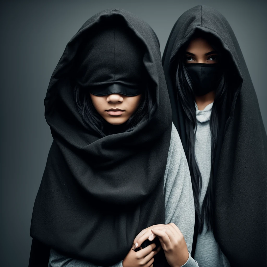 Black image with arm with the girl with a hood and mask covering her face