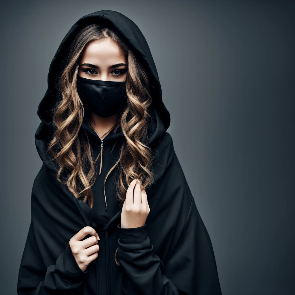 Black image with arm with the girl with a hood and mask covering her face