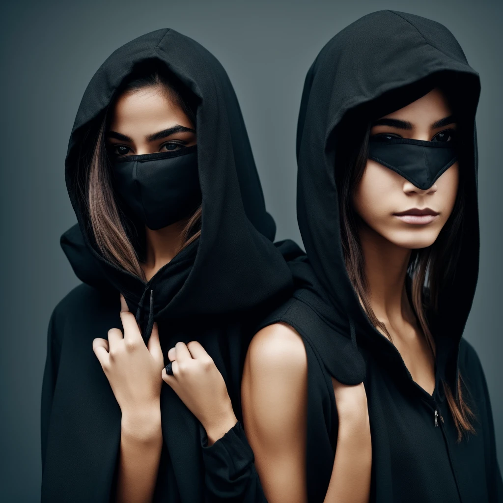Black image with arm with the girl with a hood and mask covering her face