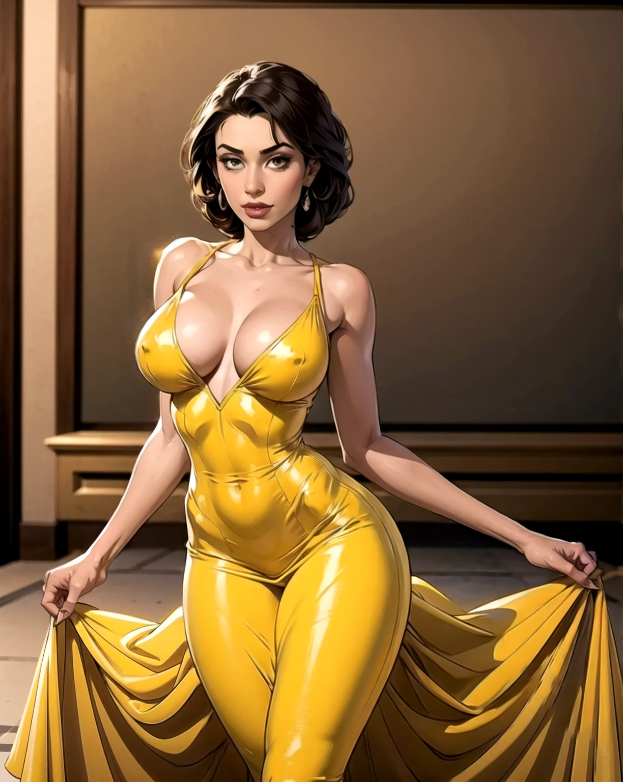 araffe woman in a yellow dress posing for a picture, tight dress, sexy dress, skintight dress, beautiful yellow woman, portrait sophie mudd, lady using yellow dress, wearing a yellow dress, beautiful model girl, hot , gorgeous lady, with yellow cloths, tight attire, curvy model, beautiful model, opened dress, sexy girl, looking hot
