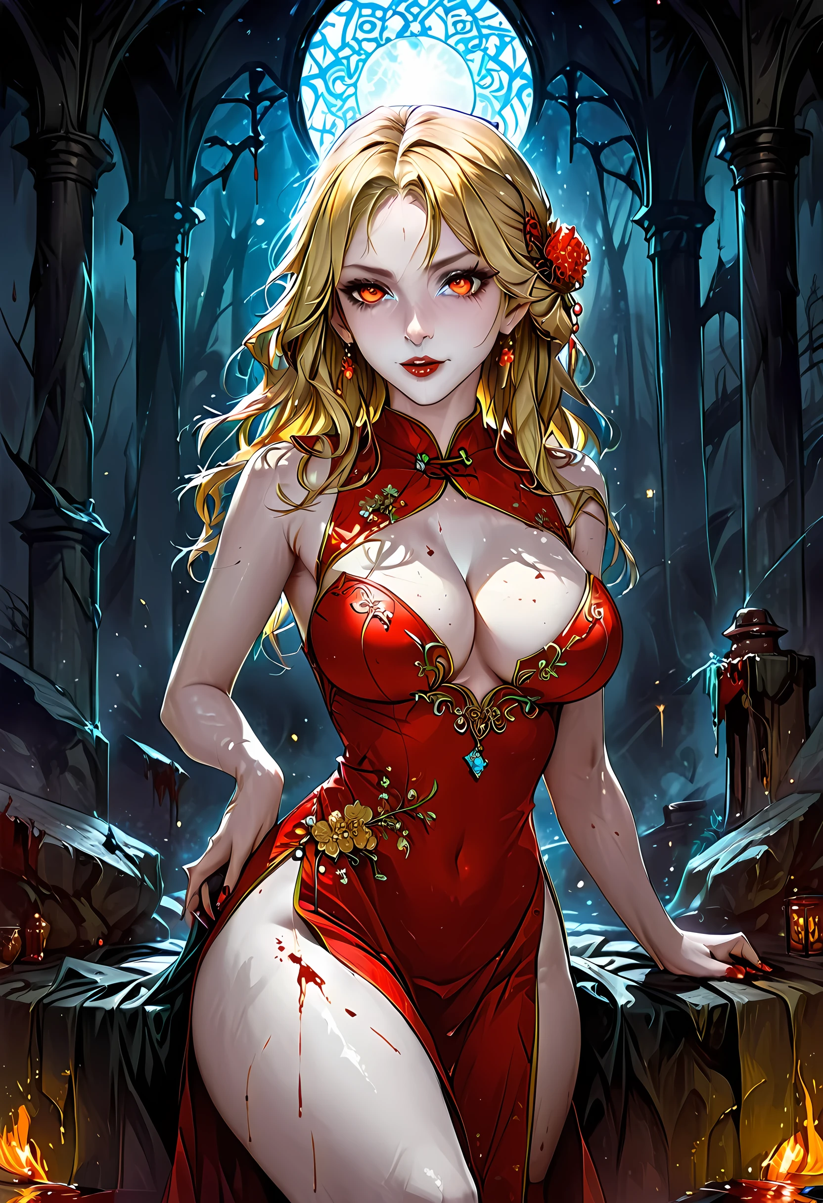 a beautiful female vampire wearing a ((blood stained: 1.5) white Cheongsam: 1.5), an extremely beautiful female vampire, ultra detailed face, blond hair, long hair, wavy hair, dark glamour make up, pale skin, red lips, (glowing red eyes: 1.2), visible (vampiric fangs: 1.2), she wears a ((blood stained white Cheongsam: 1.5)), elegant, intricate detailed Cheongsam, silk Cheongsam, small cleavage, ((Cheongsam is decorated with gems: 1.3)), she wears elegant knee high heeled boots, exquisite knee high heeled boots, there are stains of blood on the upper part of the dress, dynamic background, best details, best quality, highres, ultra wide angle, 16k, [ultra detailed], masterpiece, best quality, (extremely detailed), full body, ultra wide shot, photorealistic, fantasy art, dnd art, rpg art, realistic art, dark novel, Dark Art Painting Style
