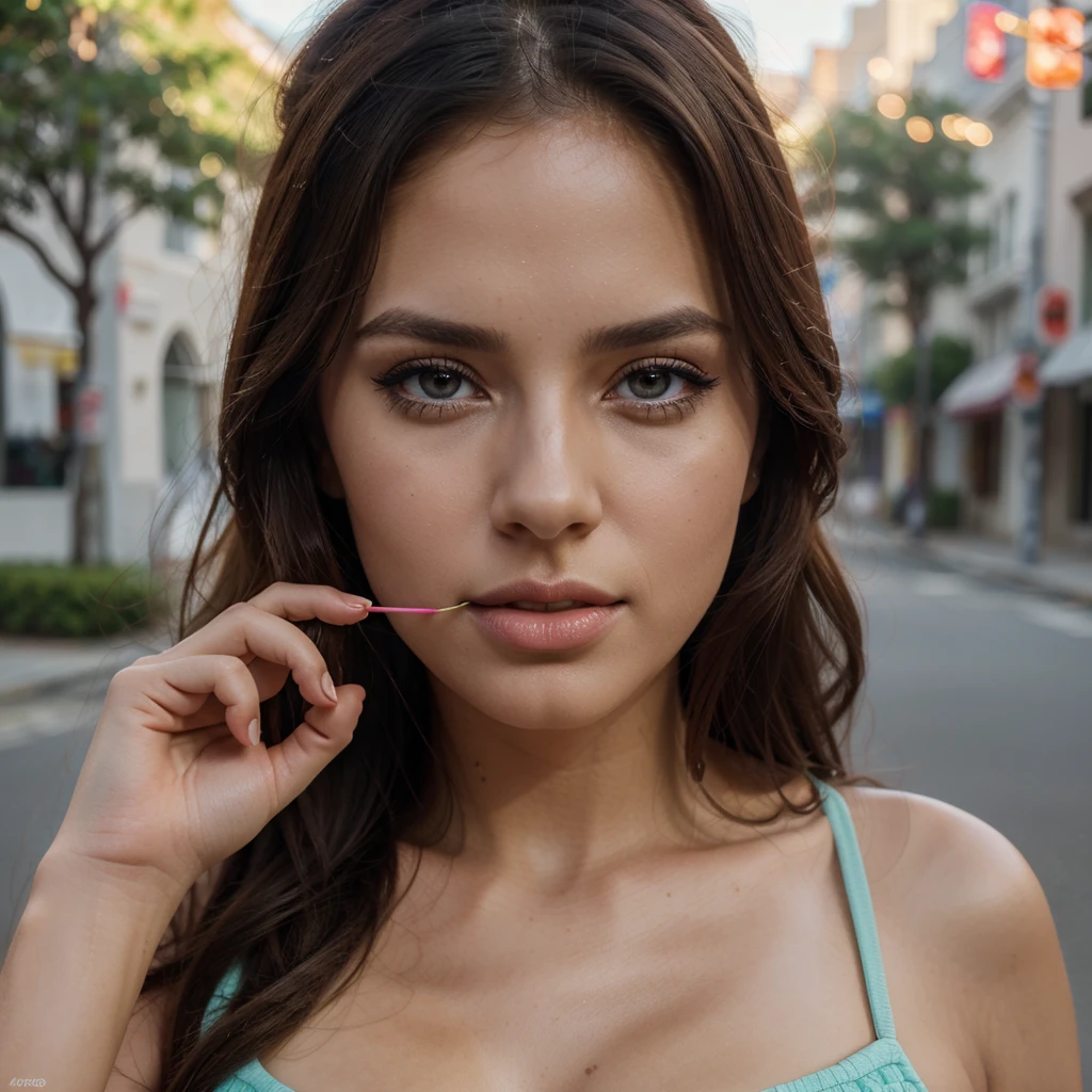 1 woman, beautiful argentinian woman, sensual and gorgeous woman, seductive gaze, casual clothing, she eating a candy, whole body, she has a candy in her mouth,very sexy poses, she is smiling, outdoor scene, looking at camera, detailed beautiful face, full body, makeup, best quality, 4k, 8k, highres, masterpiece:1.2, ultra-detailed, realistic, photorealistic:1.37, HDR, UHD, vivid colors, studio lighting, professional, portrait, beautiful detailed eyes, beautiful detailed lips, extremely detailed face and eyes, long eyelashes