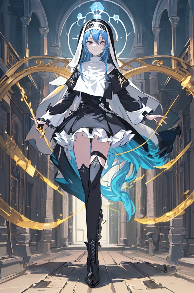 [(cathedral background:1.4)::5],Original,(Illustration:1.1),(Best Quality),(masutepiece:1.1),(the Extremely Detailed CG Unity 8K Wallpapers:1.1), (Colorful:0.9),(mid-shot:0.95),(Full body:1.5),Dynamic Angle,(Solo:1.2), (girl),(((Adult))), (Detailed beautiful eyes:1.15), (Beautiful face:1.15), (Glowing black eyes:1.25////),(Blue Long Hair),(nun headdress),(+perfect hand+:1.21),(Draw an illustration of a Holy Knight Wizard),(Religious),(slender),(she has boots on her feet),((I'm wearing black knee-high socks)),Smile,(Ruffled  with metal embellishments),beautiful slender adult,((theater background)),