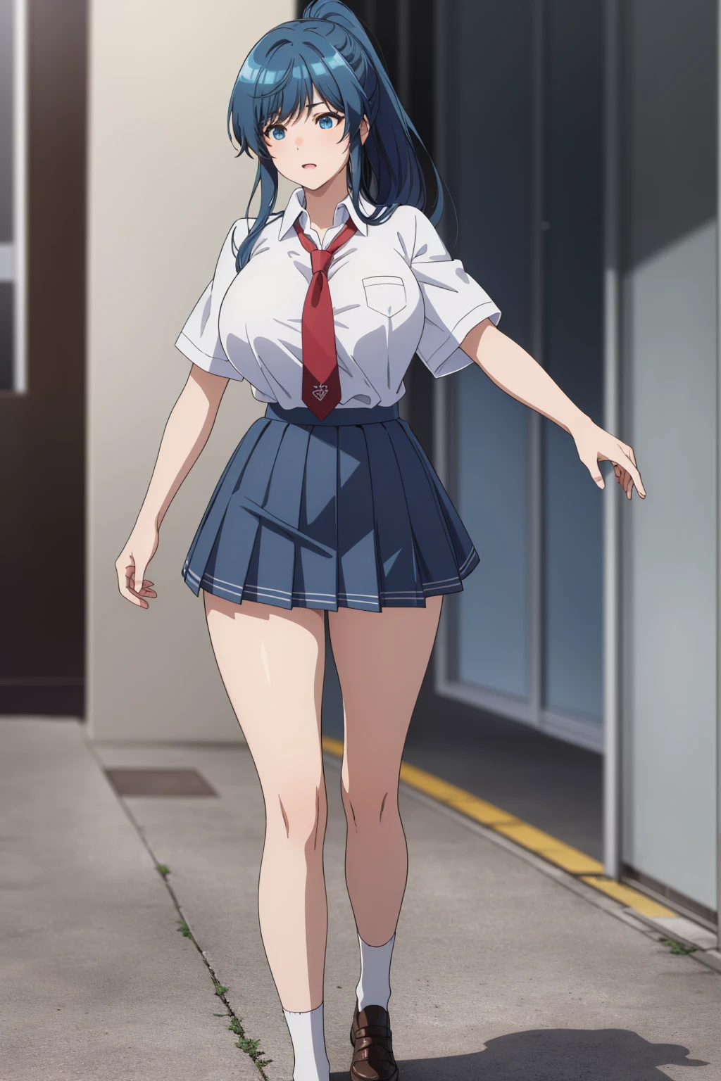 girl, solo, beautiful body, perfect body, nice body, (huge Breasts),

nanami minami, blue hair, blue eyes, long hair, ponytail (school uniform:1.5), (pleated skirt:1.5), (miniskirt:1.5), short sleeve, tight, necktie, student shoes, white sock, walking, 



official art, extremely detailed CG unity 8k wallpaper, perfect lighting, Colorful, (best_quality:1.0), ultra high res,4K, ultra-detailed, 8K, HDR, high resolution,  absurdres:1.2, film grain, (vibrant_color:1.2), (narrow waist), huge breasts, (masterpiece:1.2), ((best quality:1.3)), ultra-detailed, ray-traced, high-fidelity textures, crisp focus, dynamic pose, dynamic art, dynmic angle, 