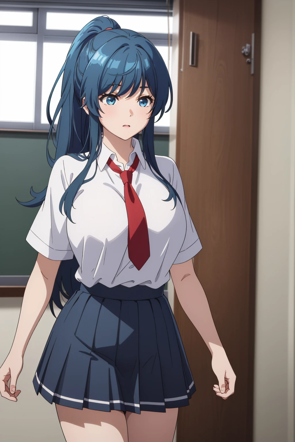 girl, solo, beautiful body, perfect body, nice body, (huge Breasts),

nanami minami, blue hair, blue eyes, long hair, ponytail (school uniform:1.5), (pleated skirt:1.5), (miniskirt:1.5), short sleeve, tight, necktie, student shoes, white sock, walking, 



official art, extremely detailed CG unity 8k wallpaper, perfect lighting, Colorful, (best_quality:1.0), ultra high res,4K, ultra-detailed, 8K, HDR, high resolution,  absurdres:1.2, film grain, (vibrant_color:1.2), (narrow waist), huge breasts, (masterpiece:1.2), ((best quality:1.3)), ultra-detailed, ray-traced, high-fidelity textures, crisp focus, dynamic pose, dynamic art, dynmic angle, 