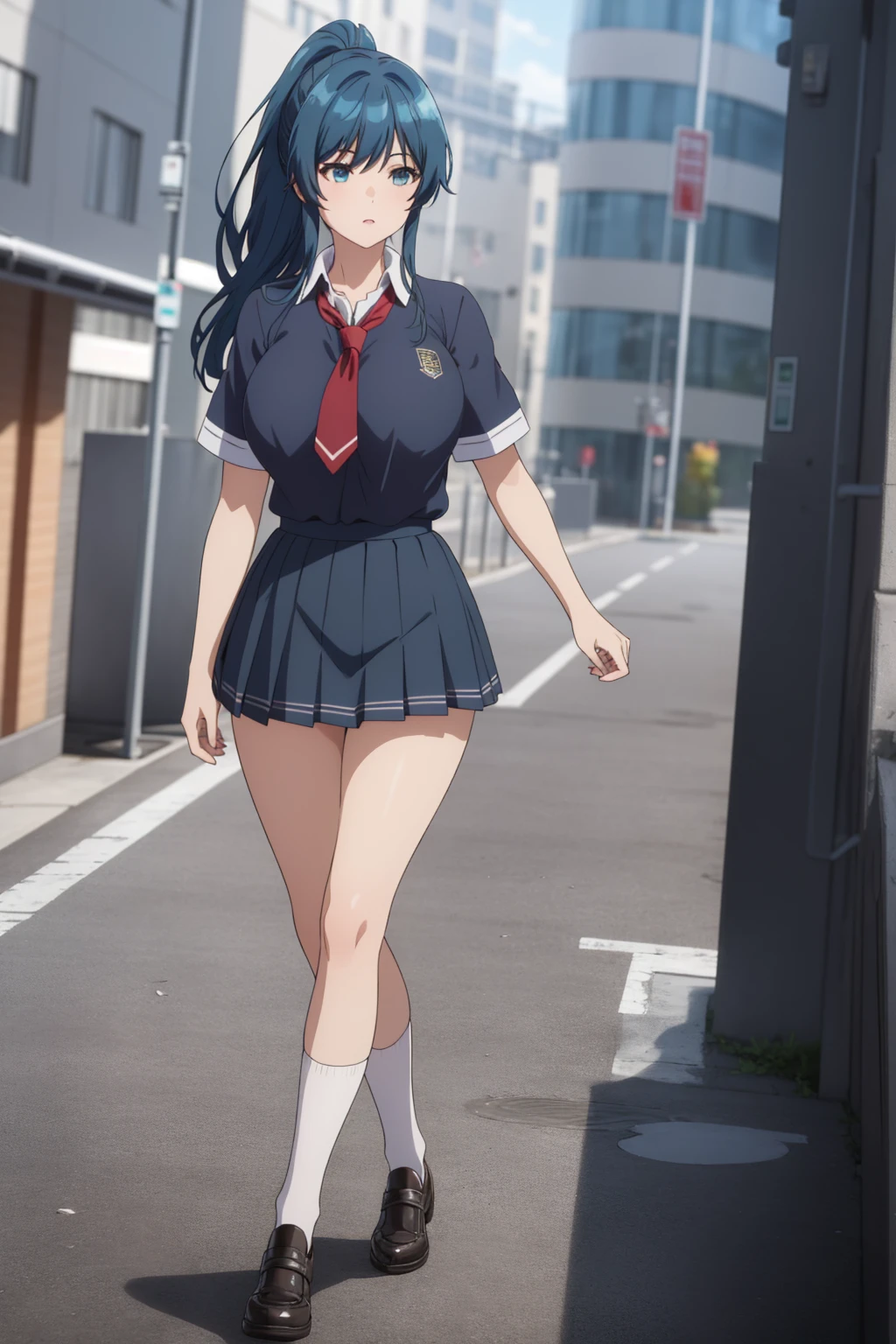 girl, solo, beautiful body, perfect body, nice body, (huge Breasts),

nanami minami, blue hair, blue eyes, long hair, ponytail (school uniform:1.5), (pleated skirt:1.5), (miniskirt:1.5), short sleeve, tight, necktie, student shoes, white sock, walking, 



official art, extremely detailed CG unity 8k wallpaper, perfect lighting, Colorful, (best_quality:1.0), ultra high res,4K, ultra-detailed, 8K, HDR, high resolution,  absurdres:1.2, film grain, (vibrant_color:1.2), (narrow waist), huge breasts, (masterpiece:1.2), ((best quality:1.3)), ultra-detailed, ray-traced, high-fidelity textures, crisp focus, dynamic pose, dynamic art, dynmic angle, 