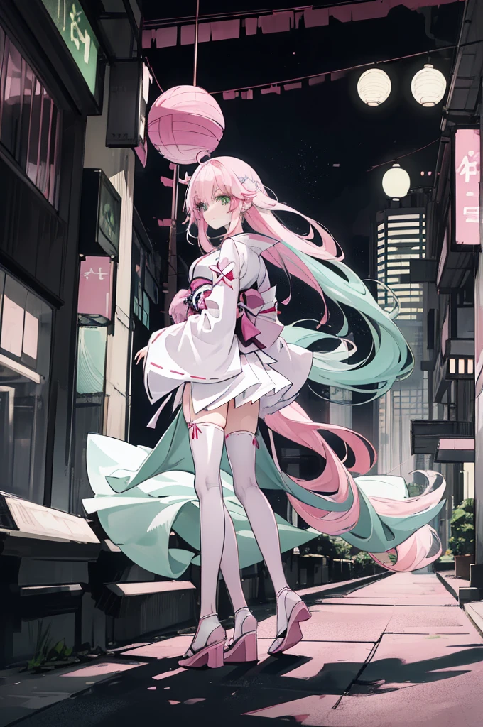 ((A pink-haired))，The hair was long，green eyes,Very long dull hairs，dark city background，white kimono costume，White miko stockings，white mini skirt, night,standing,pink hair,pink hair,