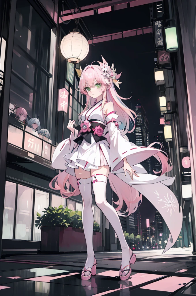 ((A pink-haired)),The hair was long,green eyes,Very long dull hairs,dark city background,white kimono costume,White miko stockings,white mini skirt, night,standing,pink hair,pink hair,
