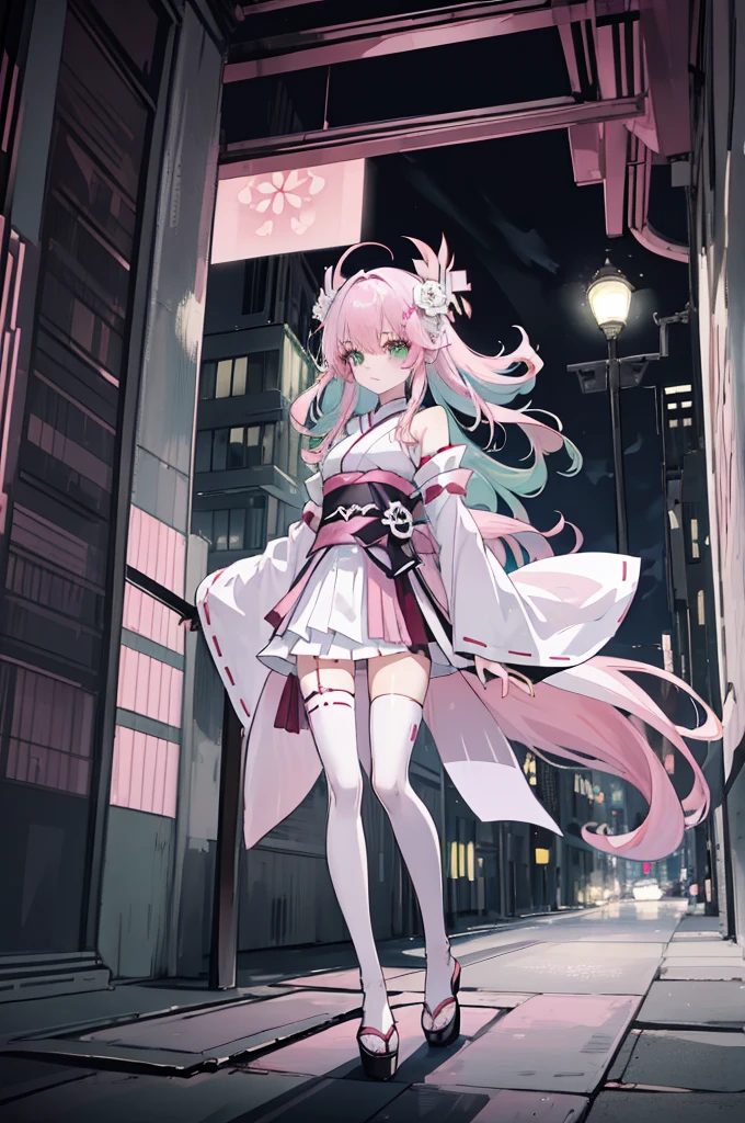 ((A pink-haired))，The hair was long，green eyes,Very long dull hairs，dark city background，white kimono costume，White miko stockings，white mini skirt, night,standing,pink hair,pink hair,