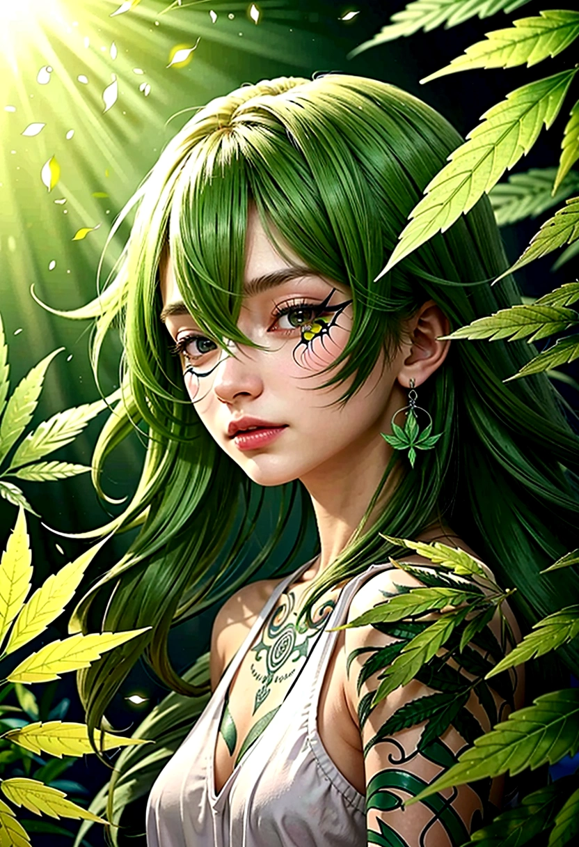 a nomadic mystic man, dominance of cannabis, medium cannabis, reincarnation of leaves, male, cute, happy, (best quality,4k,8k,highres,masterpiece:1.2),ultra-detailed,(realistic,photorealistic,photo-realistic:1.37),detailed eyes,detailed lips,extremely detailed face,long eyelashes,intricate tattoos,flowing hair,cannabis leaves,smoke,glowing aura,vibrant colors,warm lighting,natural environment,organic textures,fantasy art style