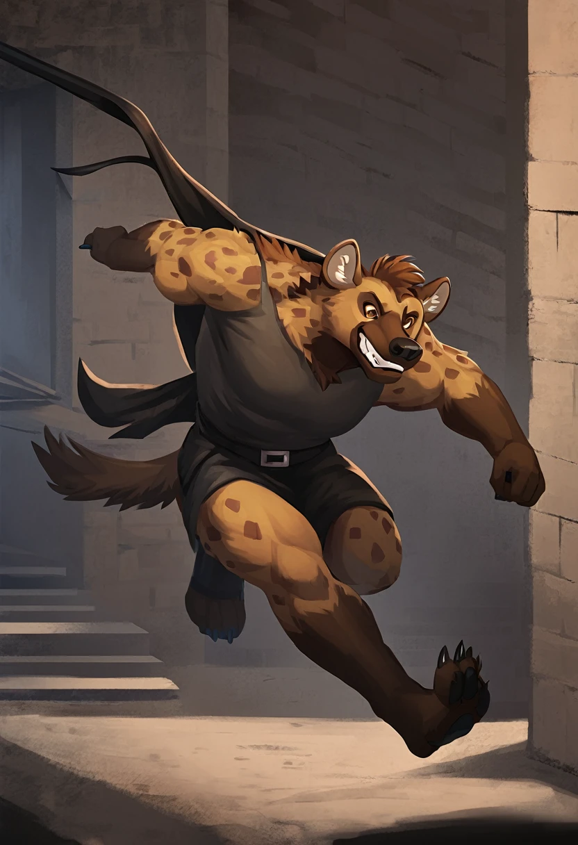 Male, Hyena, Thief, Noir, furry claws, spotted fur, brown fur, brown eyes, running, facing_to_side, tall, muscular_male,