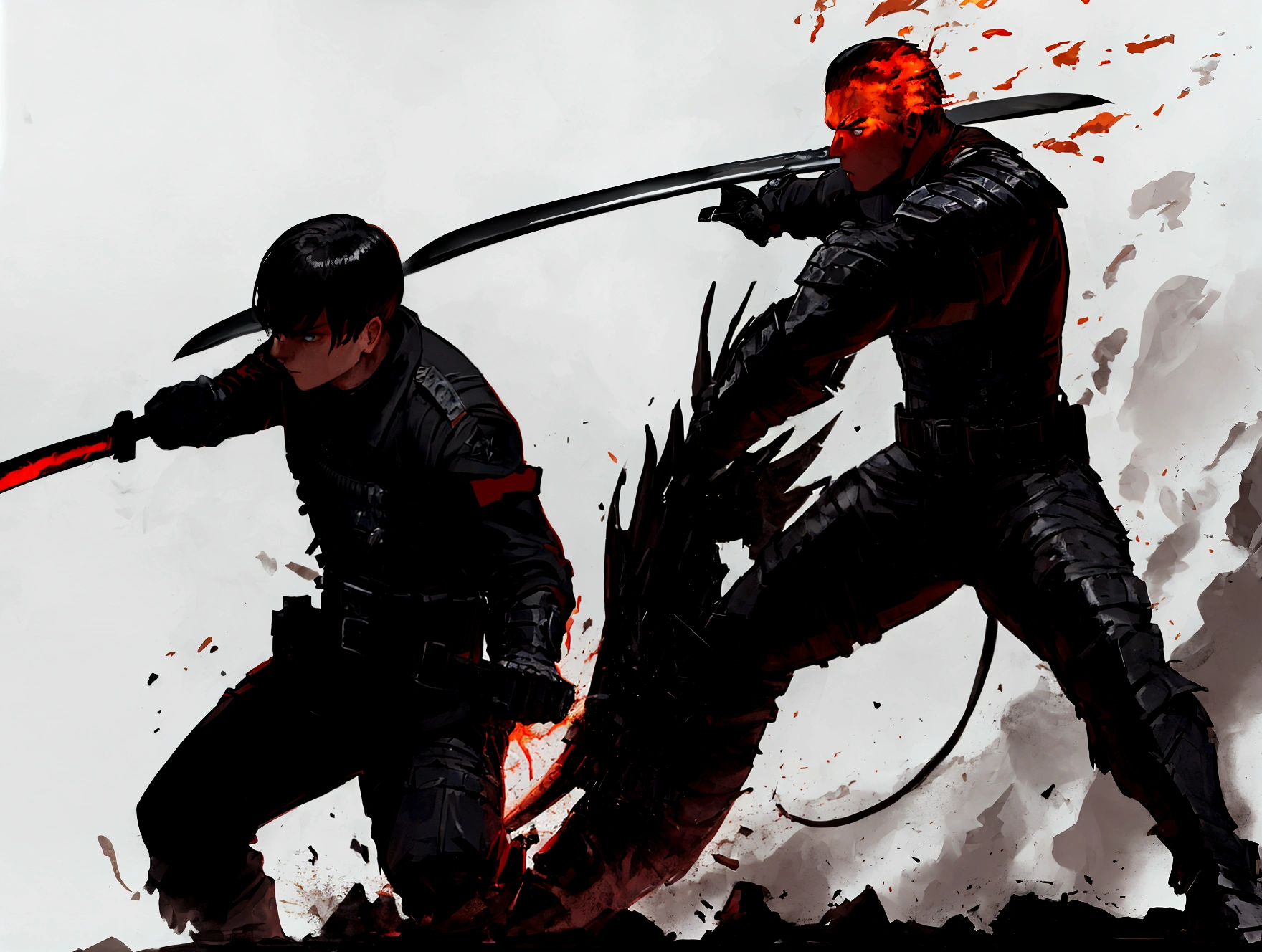 Soldier, with black armor, with a flaming machete sword, fighting with monsters
