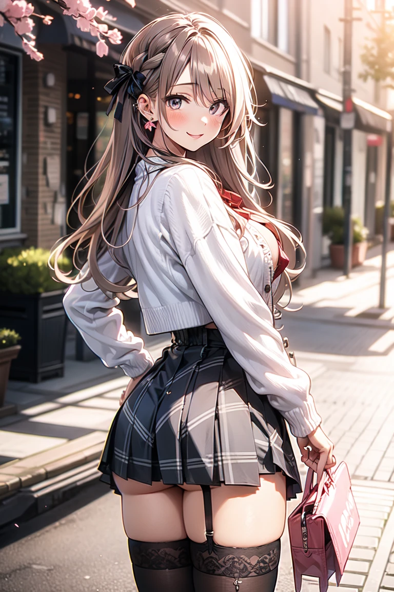 masterpiece, best quality, highres, hs1, light purple eyes, huge butt, wide hips, thick thighs upskirt, long sleeves, cleavage, long blonde hair, pink cardigan, black thighhighs, plaid skirt, red ribbon, garter straps, , outdoors, cowboy shot, standing, smile, panty peek, floral print pink panties, looking at viewer, thick thighs, jirai kei, ear piercings, street view, sakura