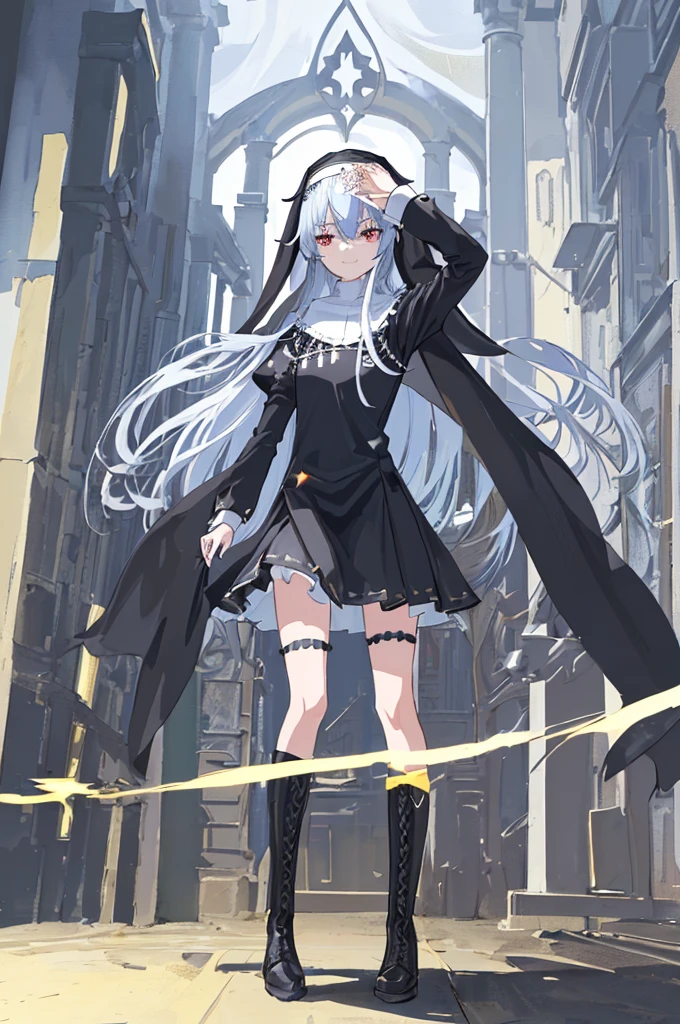 [(cathedral background:1.4)::5],Original,(Illustration:1.1),(Best Quality),(masutepiece:1.1),(the Extremely Detailed CG Unity 8K Wallpapers:1.1), (Colorful:0.9),(mid-shot:0.95),(Full body:1.5),Dynamic Angle,(Solo:1.2), (girl),(((Adult))), (Detailed beautiful eyes:1.15), (Beautiful face:1.15), (Glowing black eyes:1.25////),(Blue Long Hair),(nun headdress),(+perfect hand+:1.21),(Draw an illustration of a Holy Knight Wizard),(Religious),(slender),(she has boots on her feet),((I'm wearing black knee-high socks)),Smile,(Ruffled miniskirt with metal embellishments),beautiful slender adult,((theater background)),dark light,night,