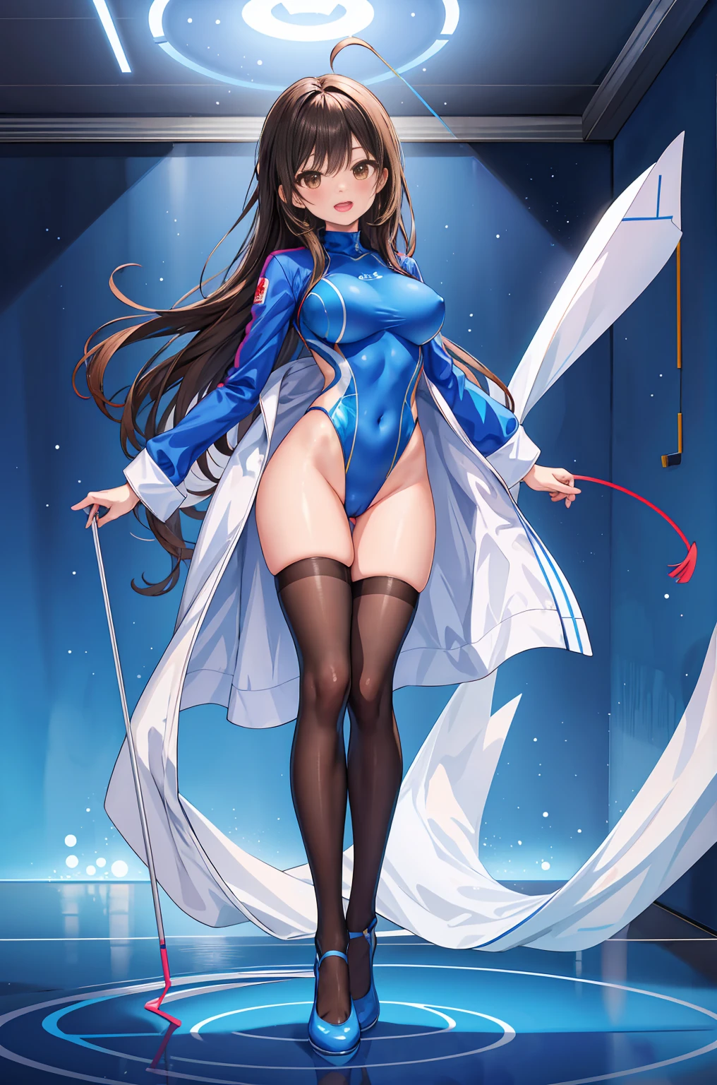 masterpiece, best quality, (super_highleg leotard,blue colorful rhythmic-gymnastics- leotard), health teacher's white coat, (long_sleeves)), turtleneck, open mouth, in heat, gleaming skin, ultra detailed CG , very beautiful girl, light smile,  extremely detailed, standing, long hair, black hair, large breasts, brown eyes, living room,(full body shot) 