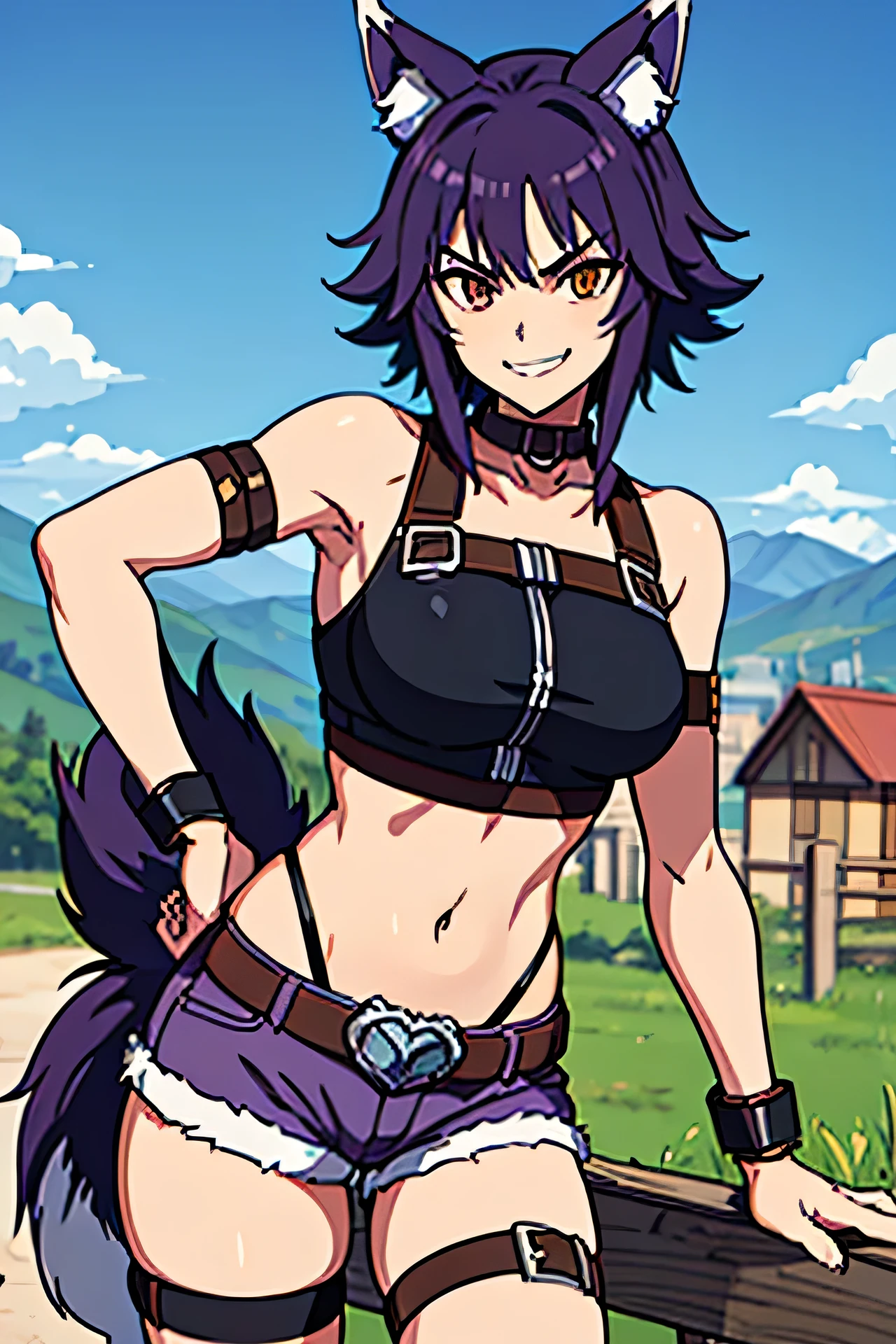 makoto, wolf ears, wolf tail, metal collar, crop top, bare shoulders, arm belt, bracers, purple short shorts, belt, fur trim, thigh belt, smirk, looking at viewer, outdoors, wooden buildings