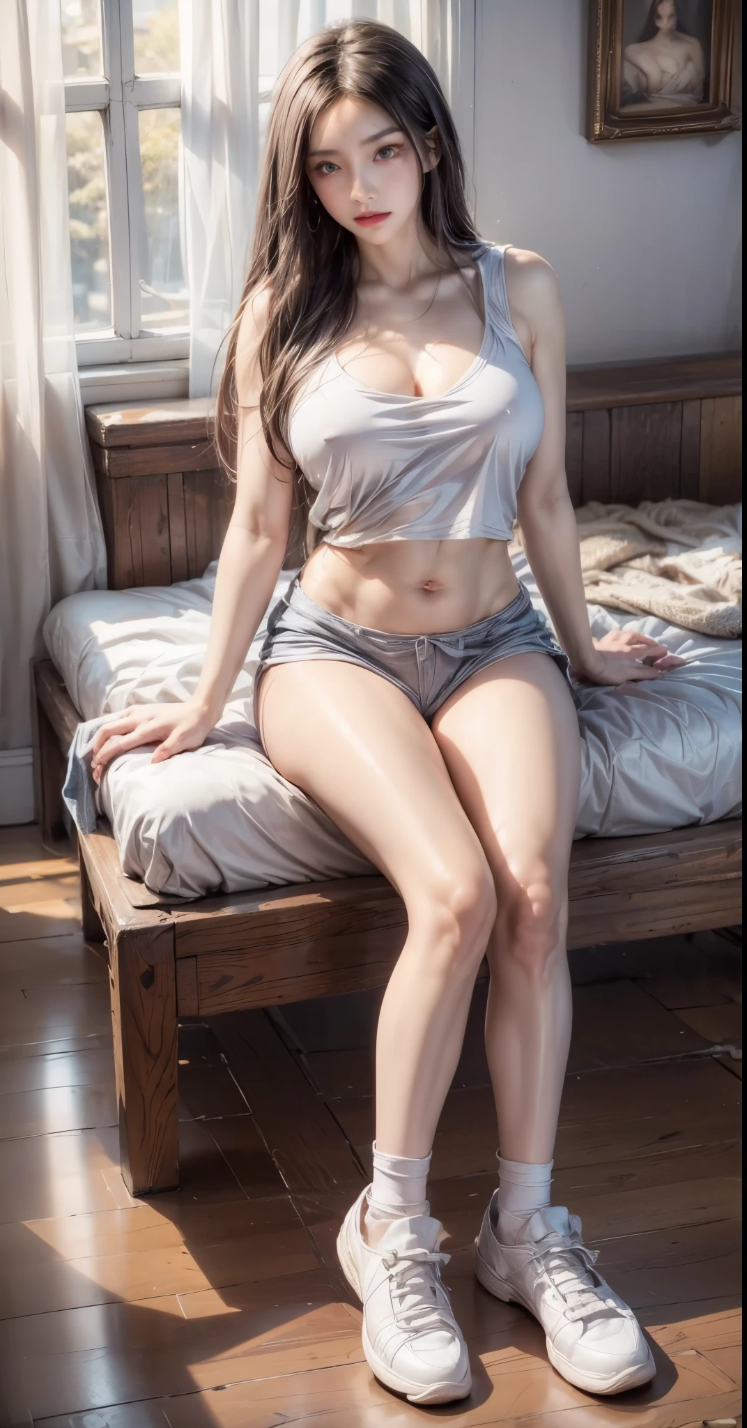 realistic, 1gril, per HD, 12k, wearing Allstars shoes, slim body, rather big body, six pack body, big round breasts, , beautiful breasts, looking at the camera, sitting on the sofa, long black hair,  details, detailed person, body details, clothing details, hair details, body details, body details, breast details,  details, clothes, eye details, sweat details, water details, pose (knees bent and  apart) whole body