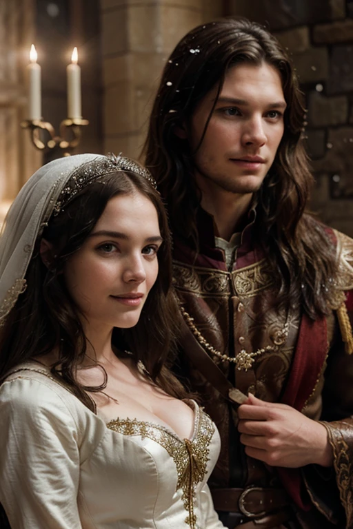 a beautiful portrait of Ben Barnes and Jessica Brown-Findlay as a lady, getting married, with happy expressions, in a snowy medieval setting, intricate details, cinematic lighting, highly detailed, masterpiece, 8k, photorealistic