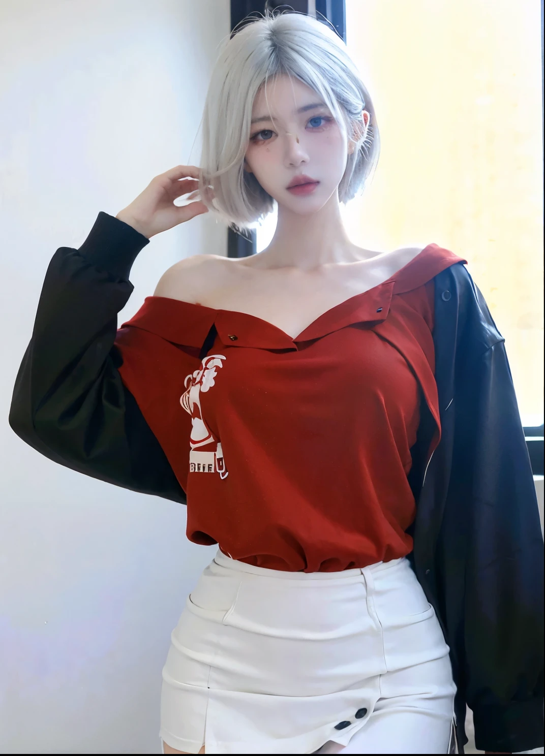 Beautiful woman with perfect figure:1.4,Ultra-high resolution,White background,(Realism:1.4),Layered hairstyle,White skin,JK:1.5,Super short pleated skirt,whole body:1.4,Very delicate and skin texture,Double eyelids,Skin Whitening,short hair,White hair