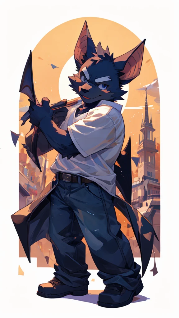 A male furry bat is dancing to "Fatal trouble" by enhypen. He is wearing a short jacket, semi-transparent white t-shirt and baggy jean