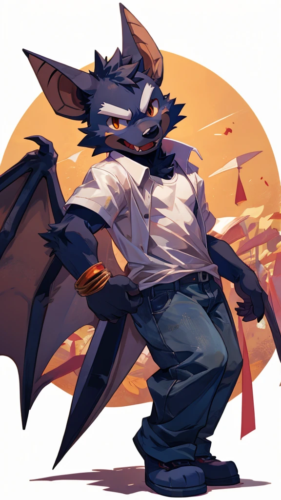 A male furry bat is dancing to "Fatal trouble" by enhypen. He is wearing a short jacket, semi-transparent white t-shirt and baggy jean
